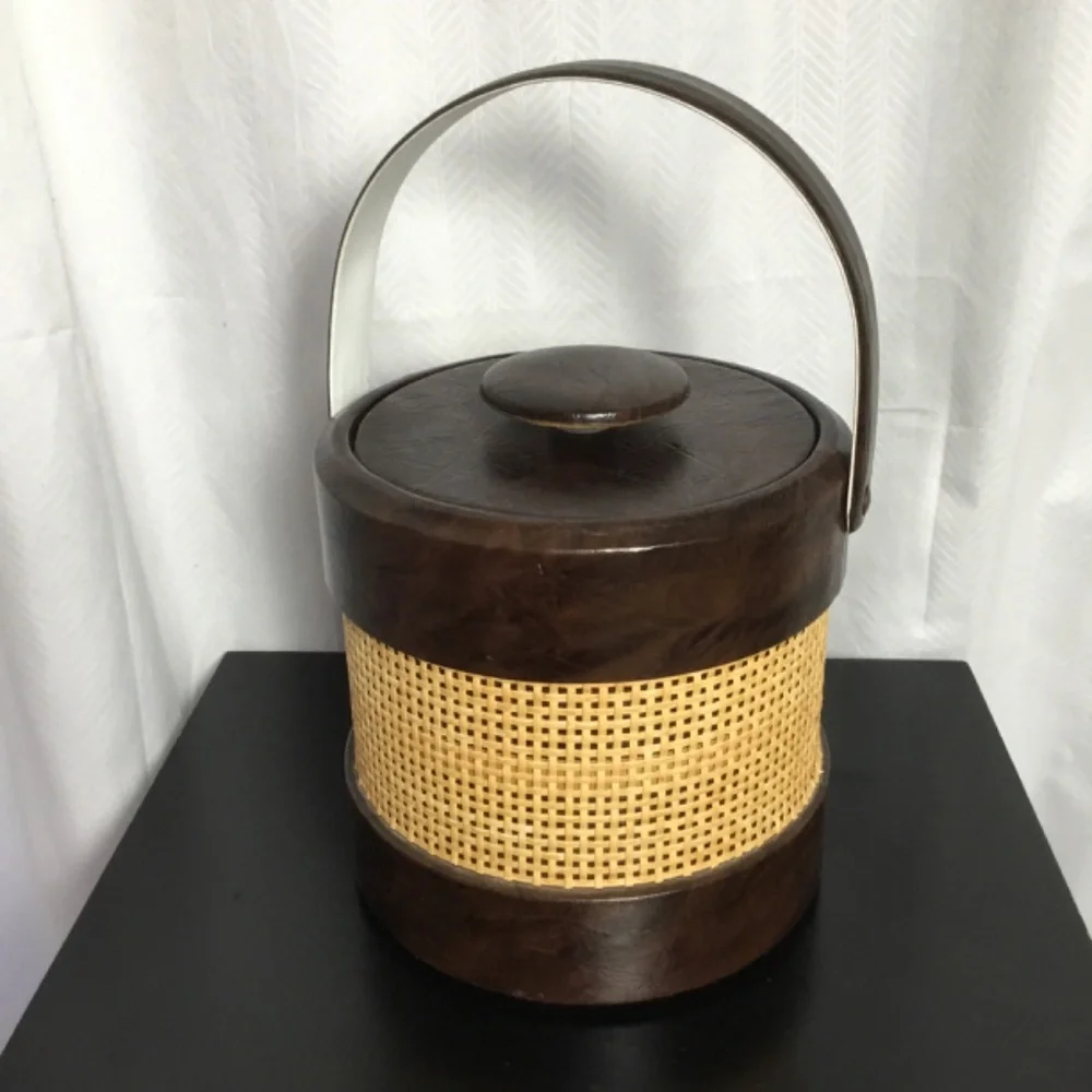 Vintage Mid Century Modern Ice Bucket Woven Sides Brown Faux Leather Trim Handle